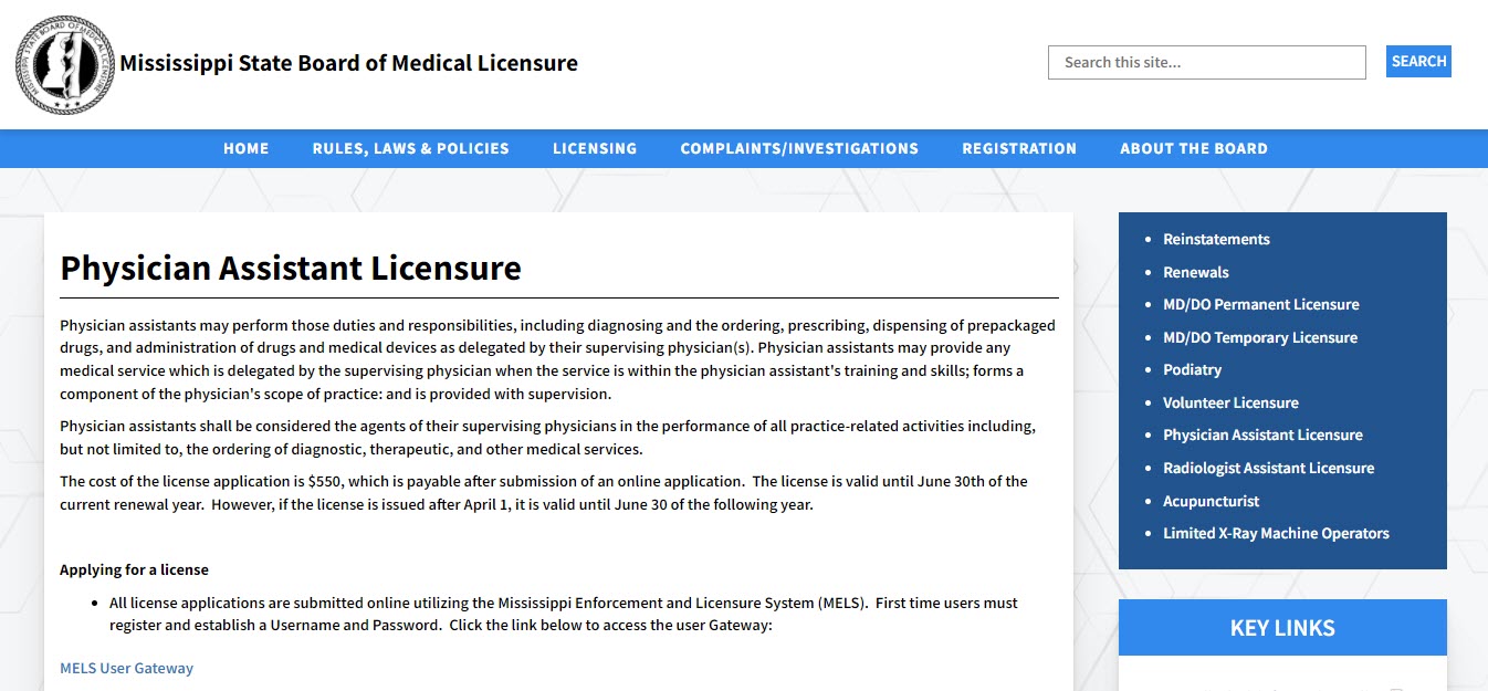 Mississippi Board of Physician Assistants website screenshot.