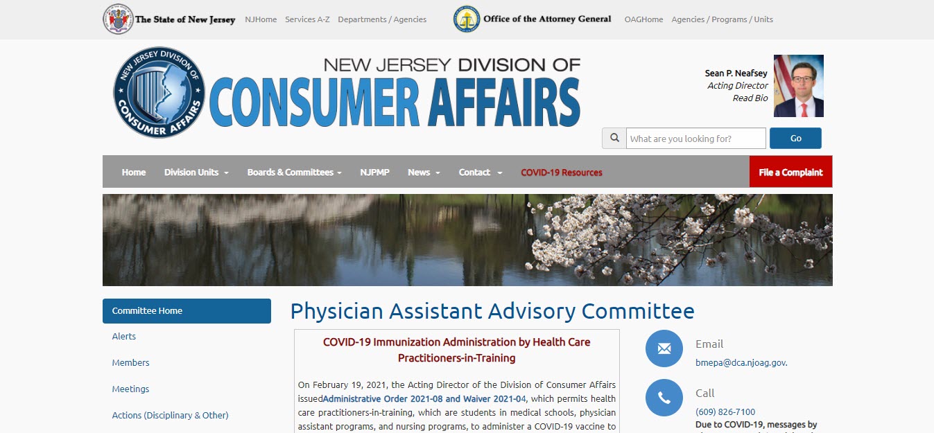 New Jersey Board of Physician Assistants website screenshot.