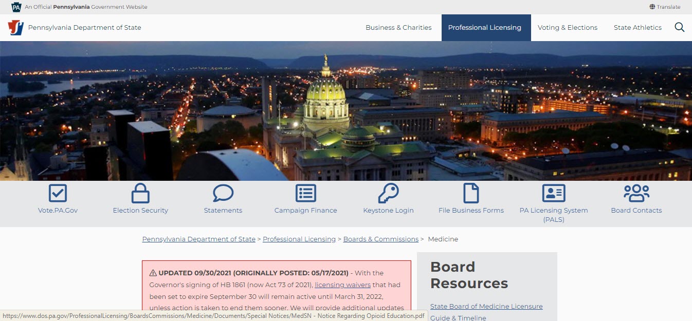 Pennsylvania Board of Physician Assistants website screenshot.