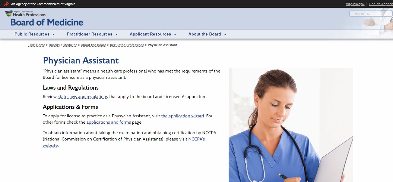 Virginia Board of Physician Assistants website screenshot.