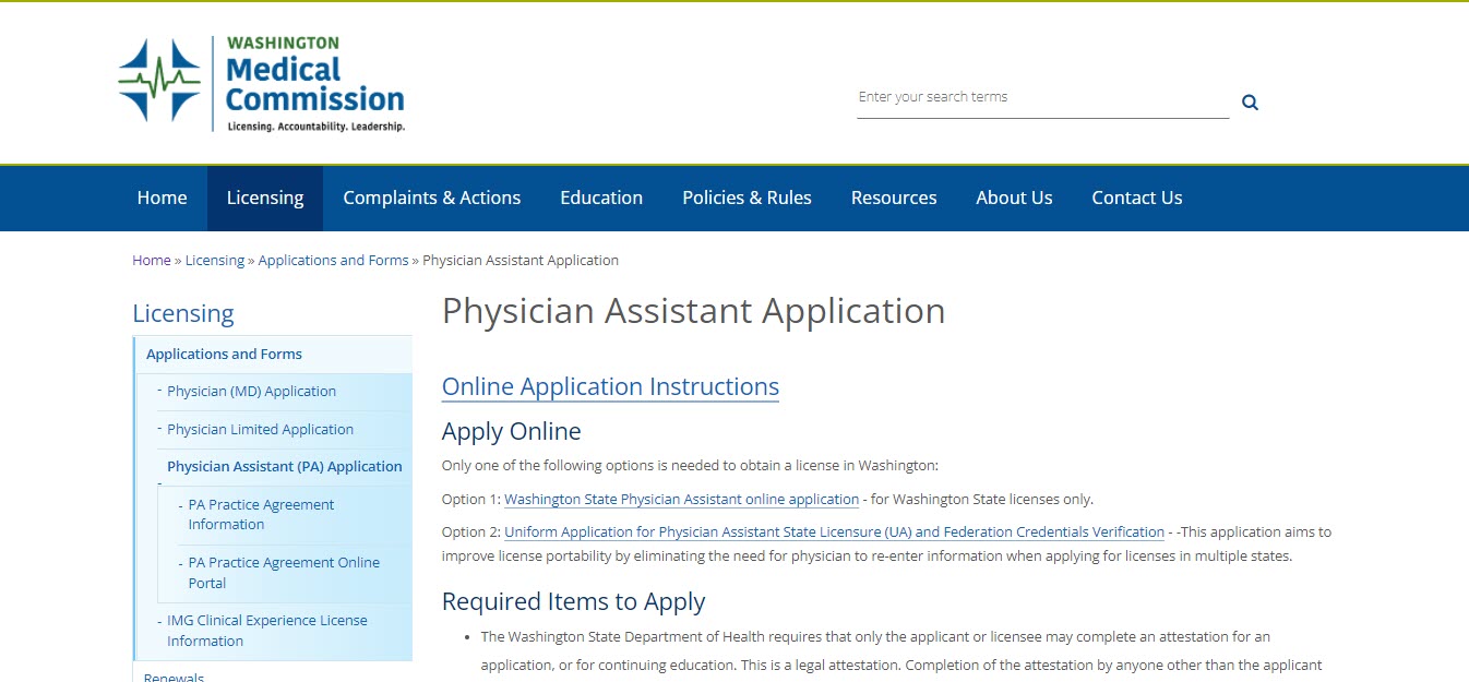 Washington Board of Physician Assistants website screenshot.