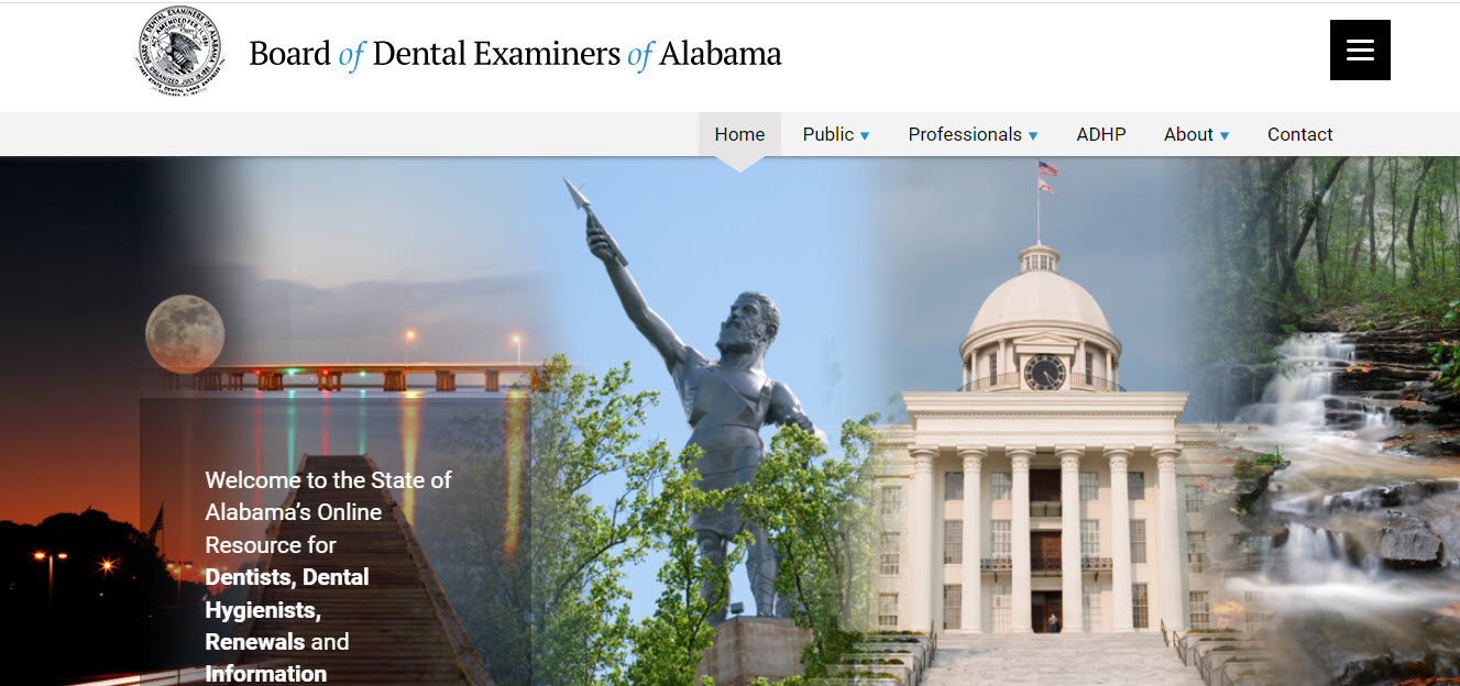 Alabama Board of Dental Assistants website screenshot.