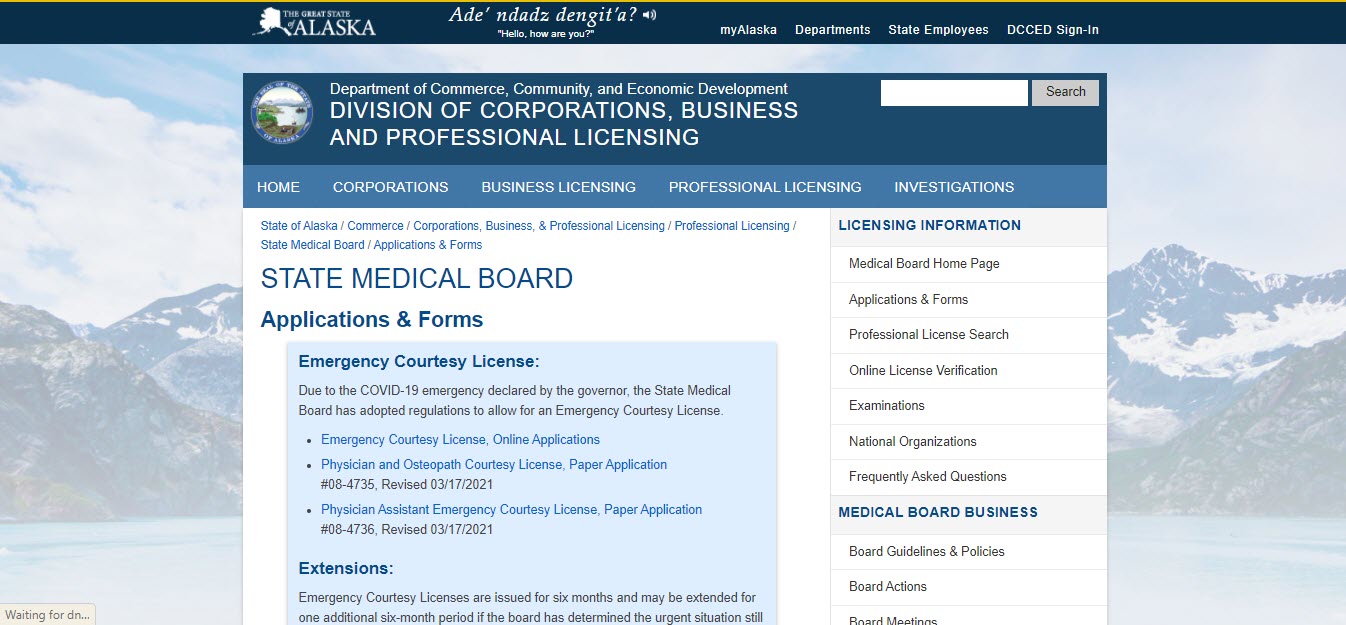 Alaska Board of Physician Assistants website screenshot.