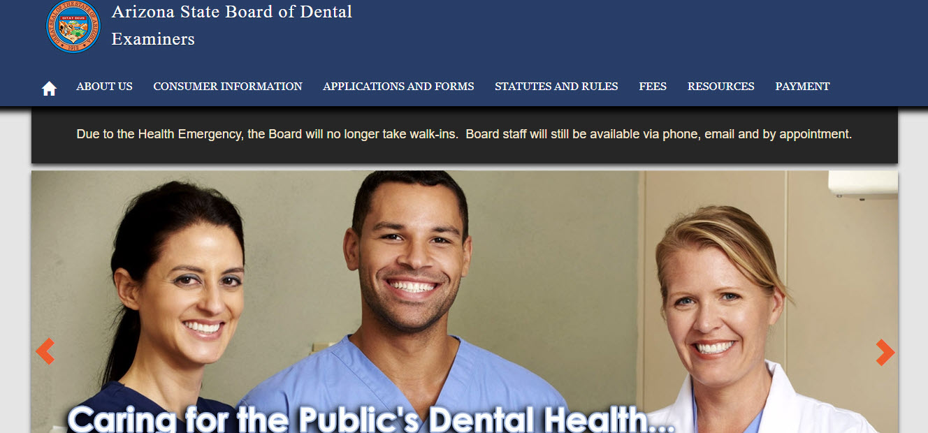 Arizona Board of Dental Assistants website screenshot.