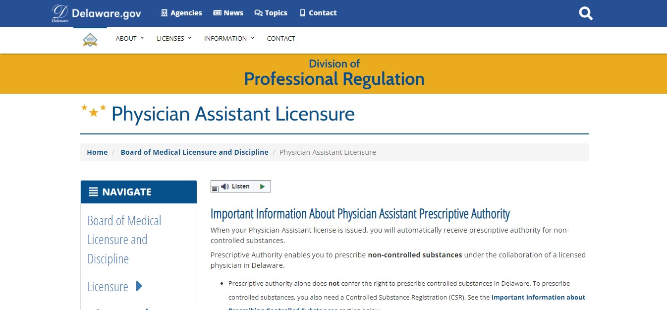 Delaware Board of Physician Assistants website screenshot.