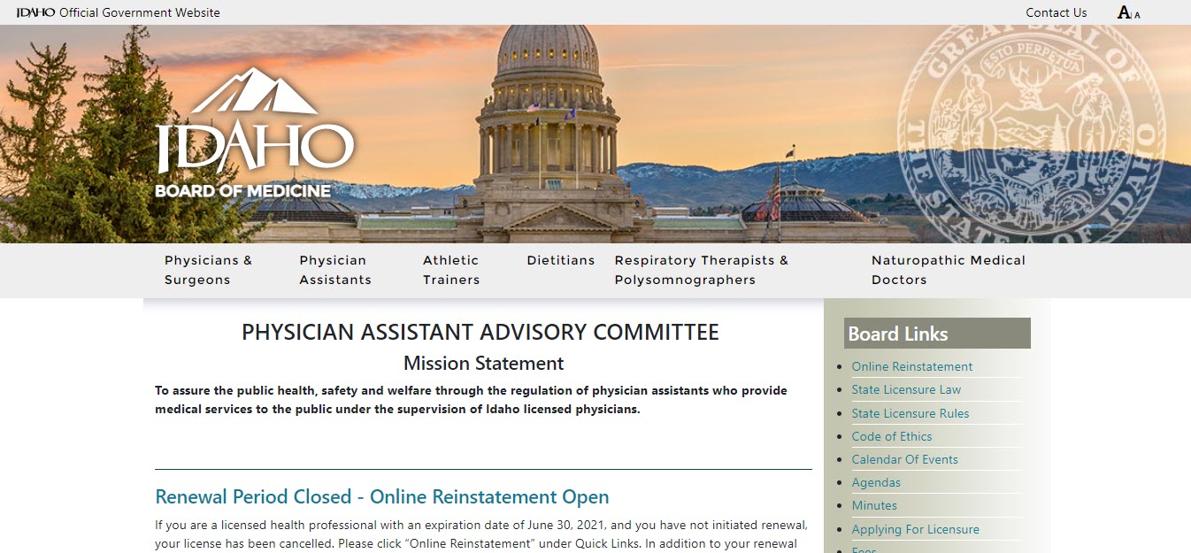 Idaho Board of Physician Assistants website screenshot.