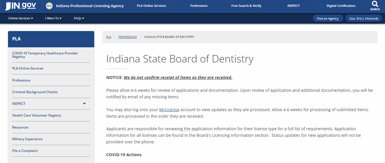 Indiana Board of Dental Assistants website screenshot.