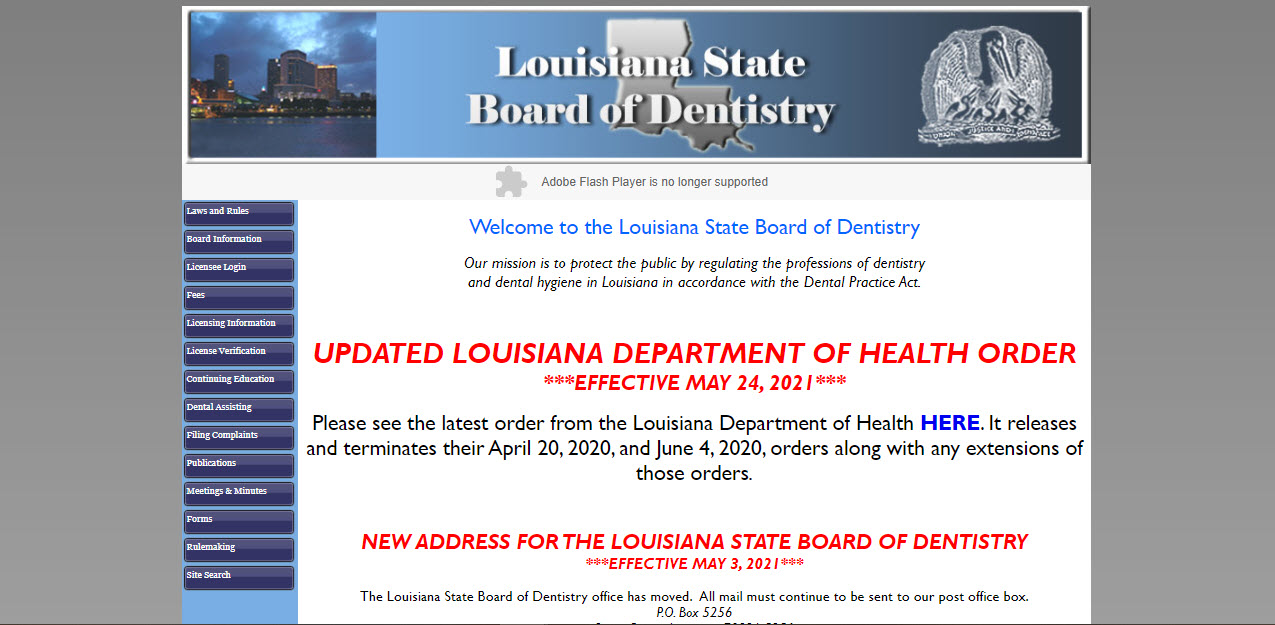 Louisiana Board of Dental Assistants website screenshot.