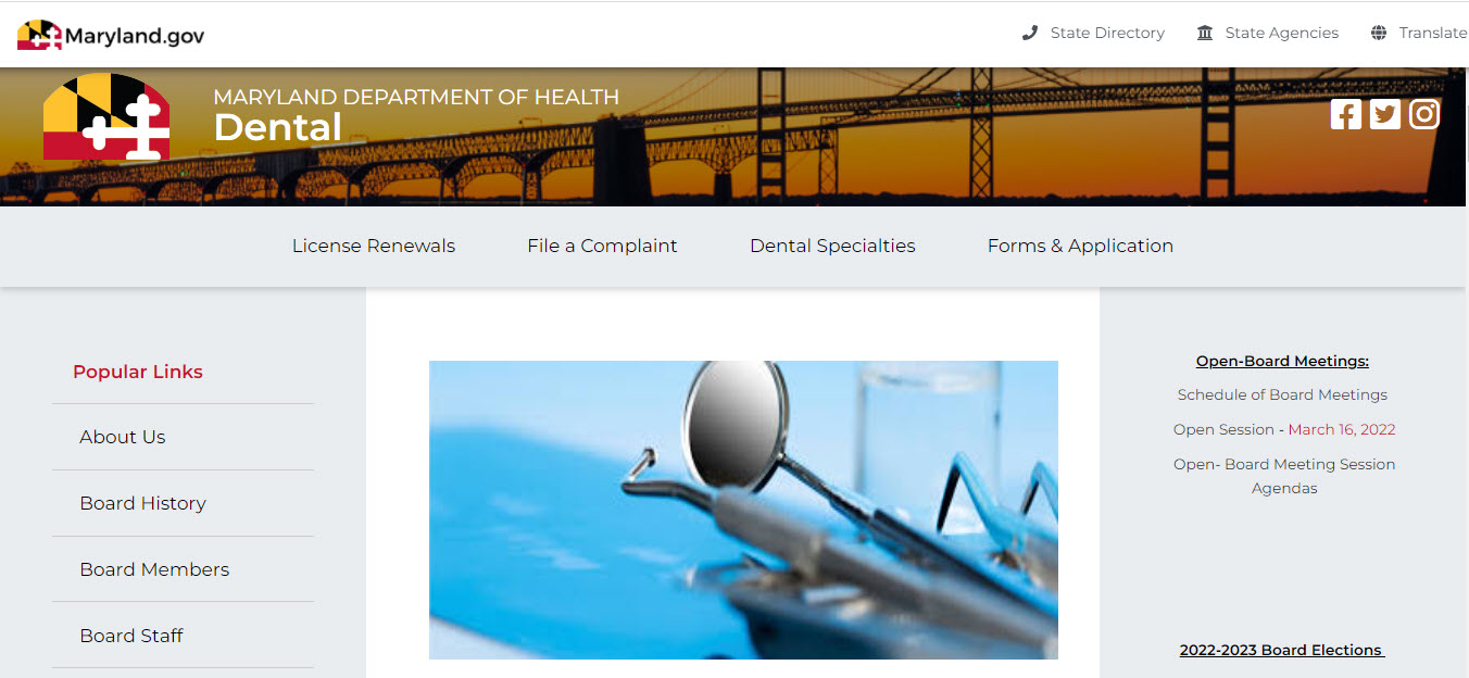 Maryland Board of Dental Assistants website screenshot.