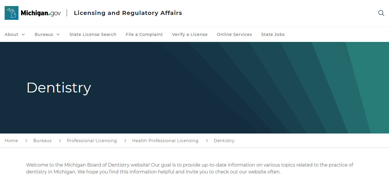 Michigan Board of Dental Assistants website screenshot.
