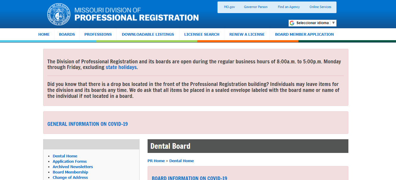 Missouri Board of Dental Assistants website screenshot.