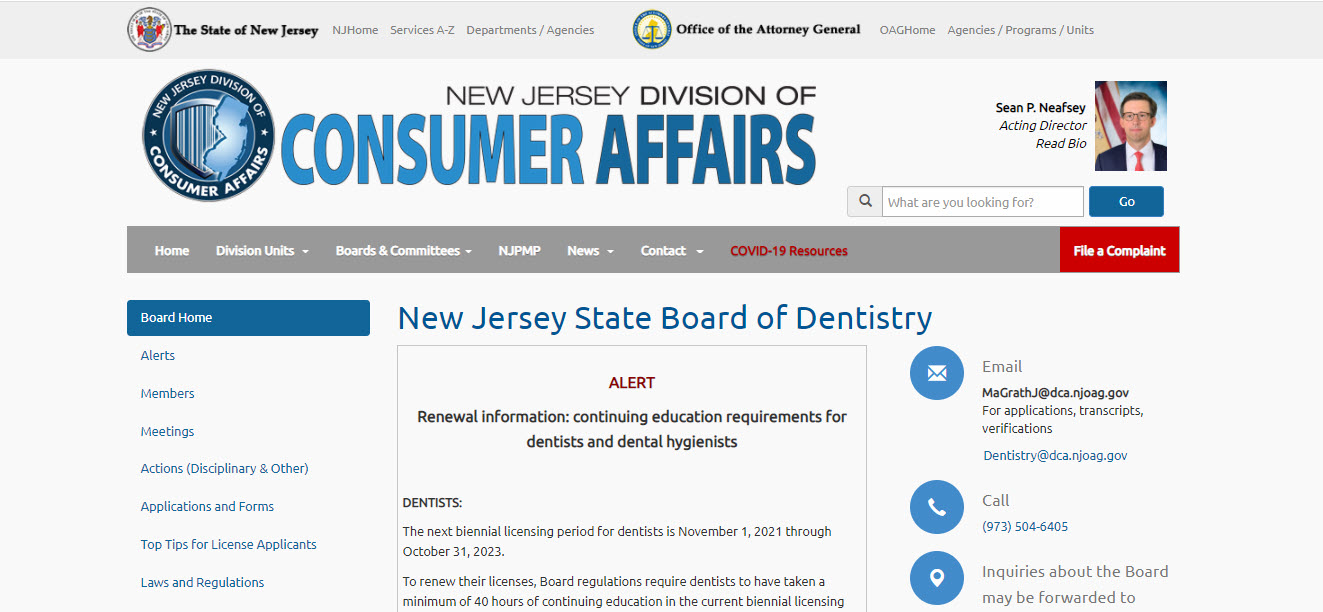 New Jersey Board of Dental Assistants website screenshot.