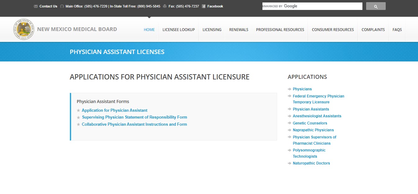 New Mexico Board of Physician Assistants website screenshot.