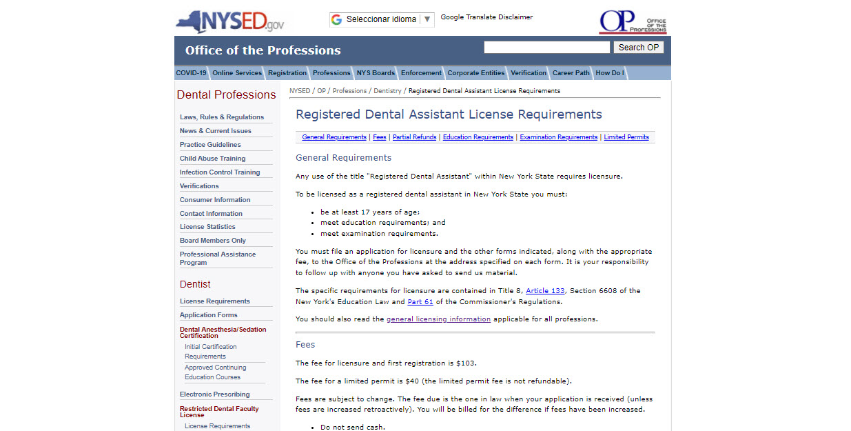 New York Board of Dental Assistants website screenshot.