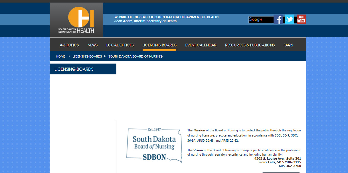 South Dakota Board of Nursing website screenshot.
