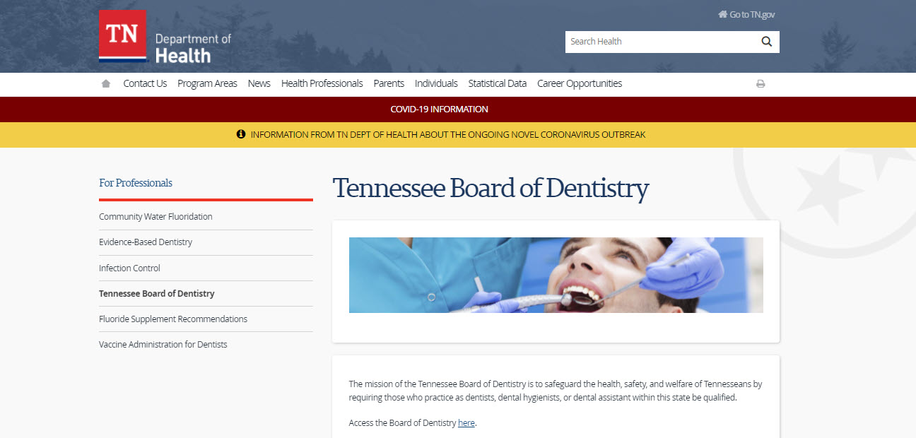 Tennessee Board of Dental Assistants website screenshot.