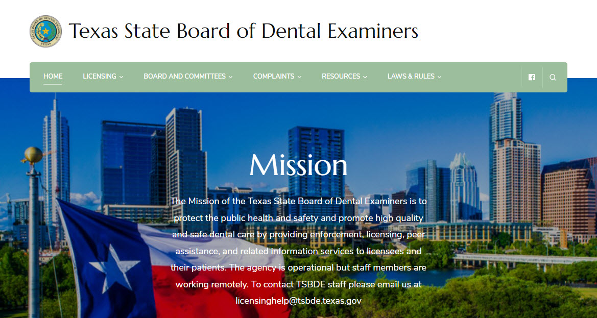 Texas Board of Dental Assistants website screenshot.