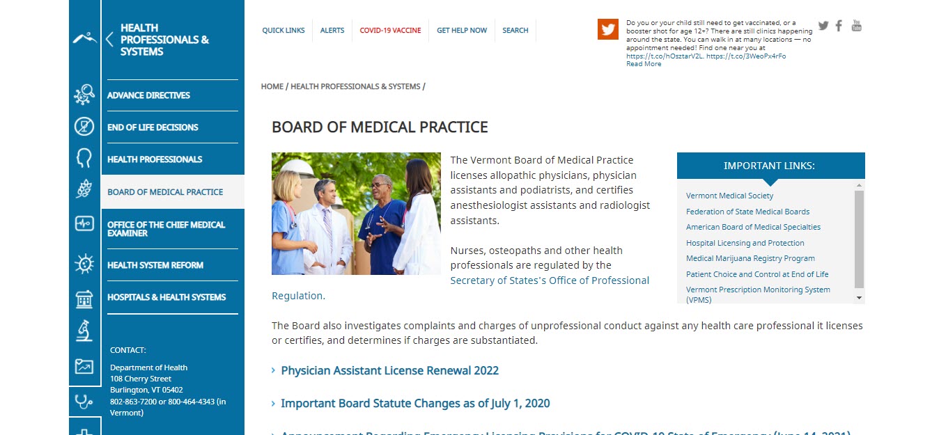 Vermont Board of Physician Assistants website screenshot.