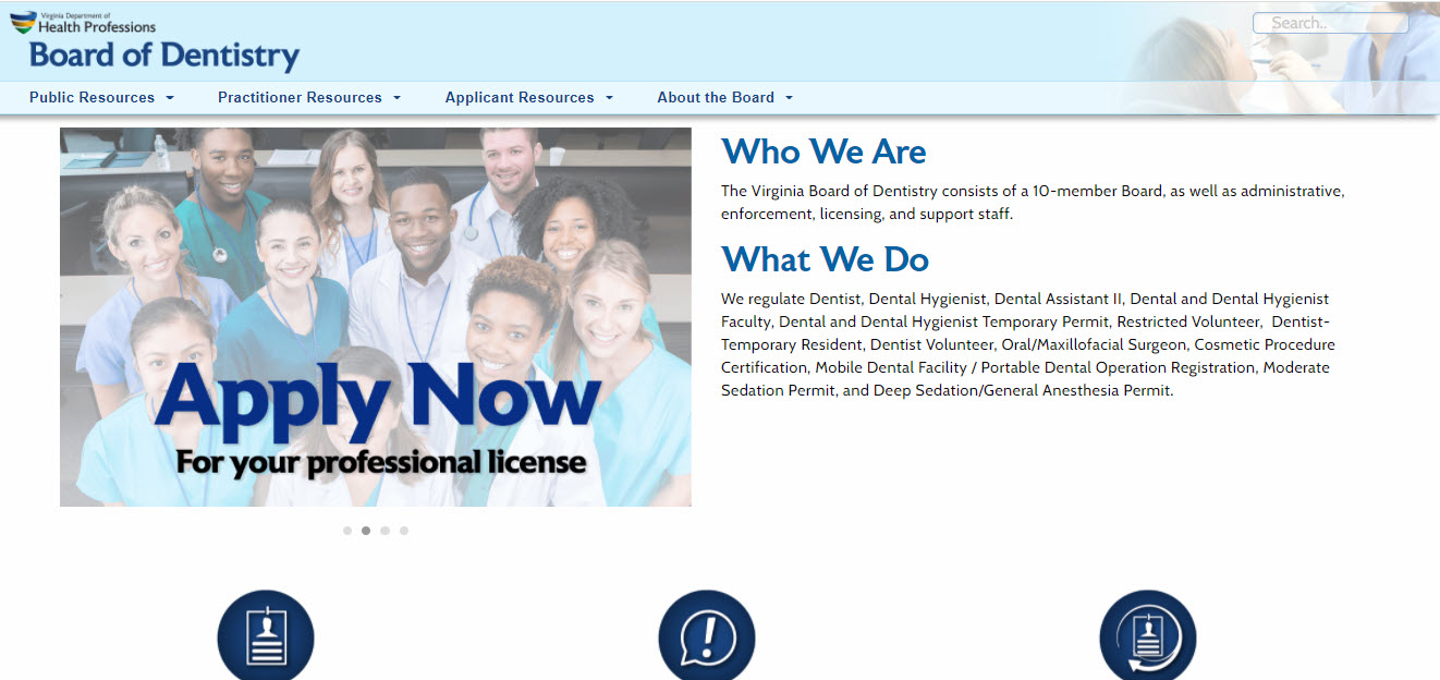 Virginia Board of Dental Assistants website screenshot.