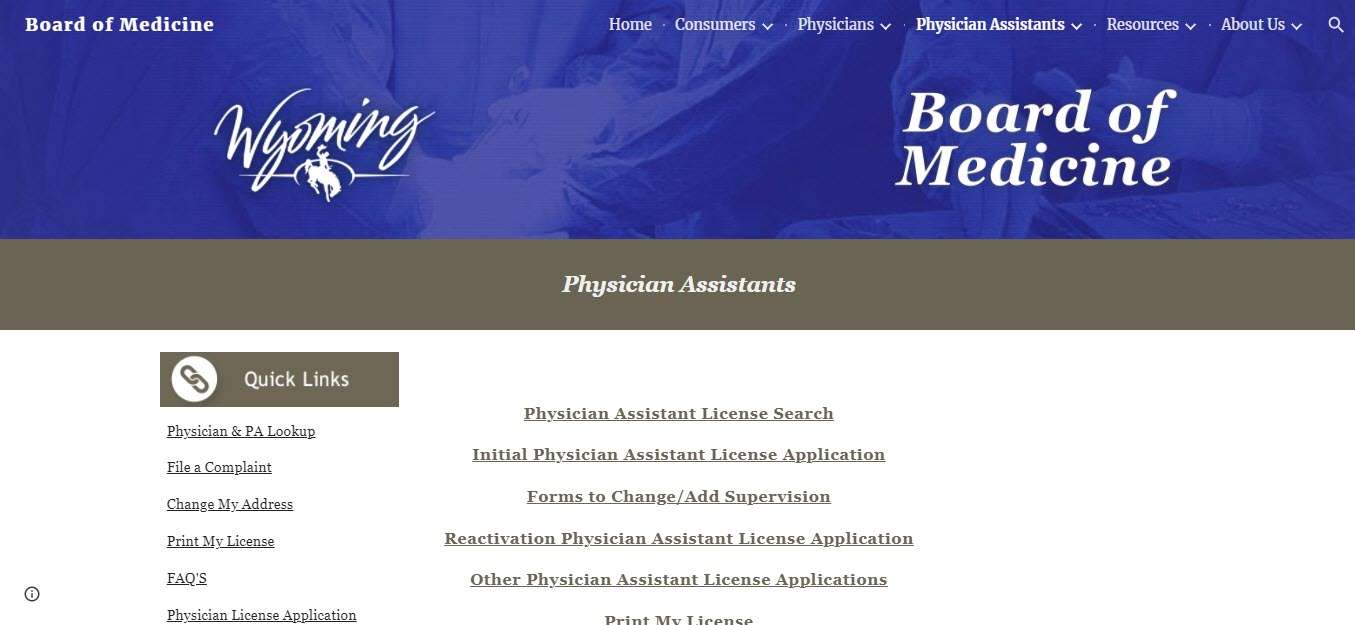 Wyoming Board of Physician Assistants website screenshot.