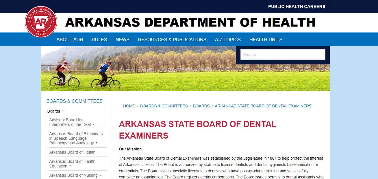 Arkansas Board of Dental Assistants website screenshot.