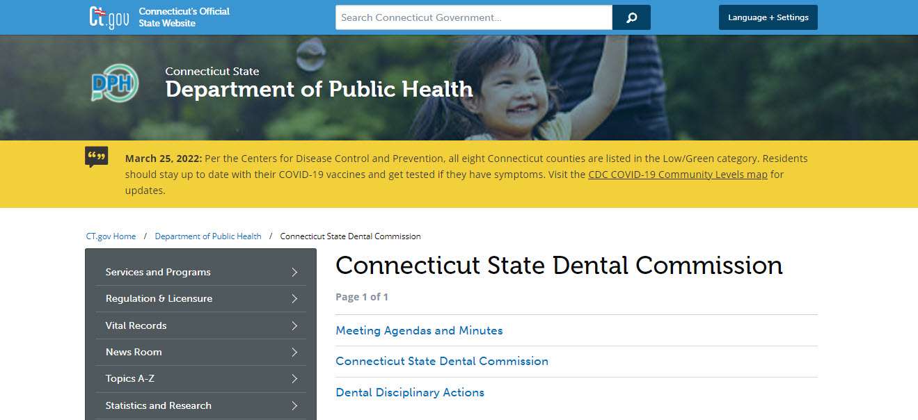 Connecticut Board of Dental Assistants website screenshot.