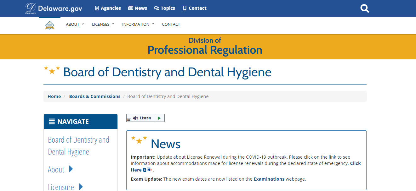 Delaware Board of Dental Assistants website screenshot.