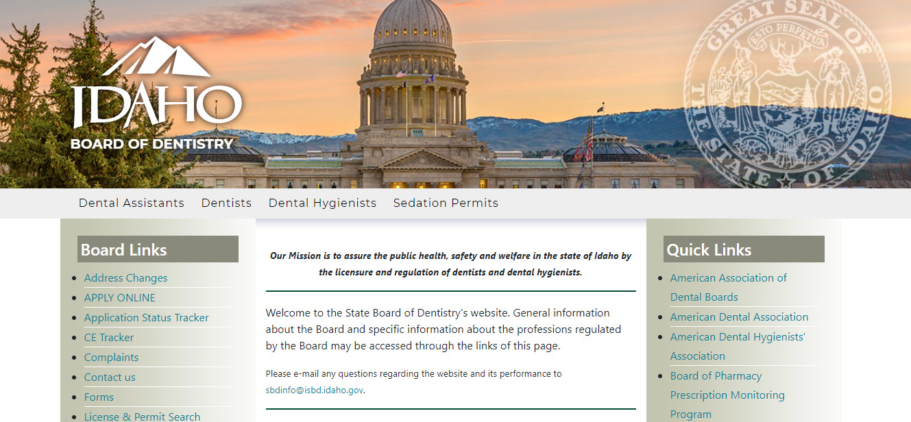 Idaho Board of Dental Assistants website screenshot.