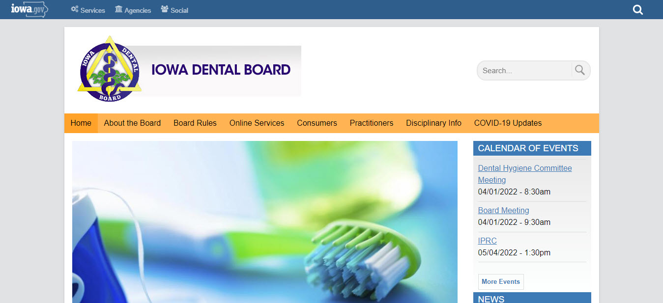 Iowa Board of Dental Assistants website screenshot.