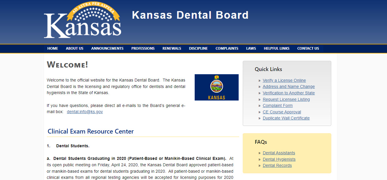 Kansas Board of Dental Assistants website screenshot.