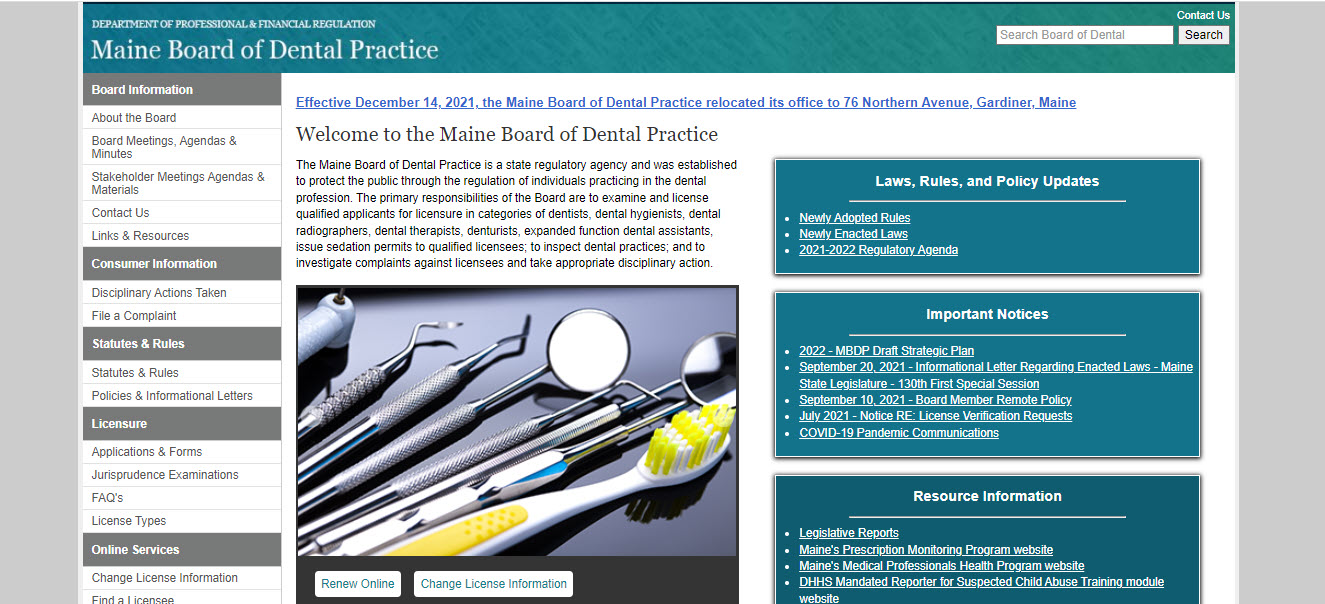 Maine Board of Dental Assistants website screenshot.