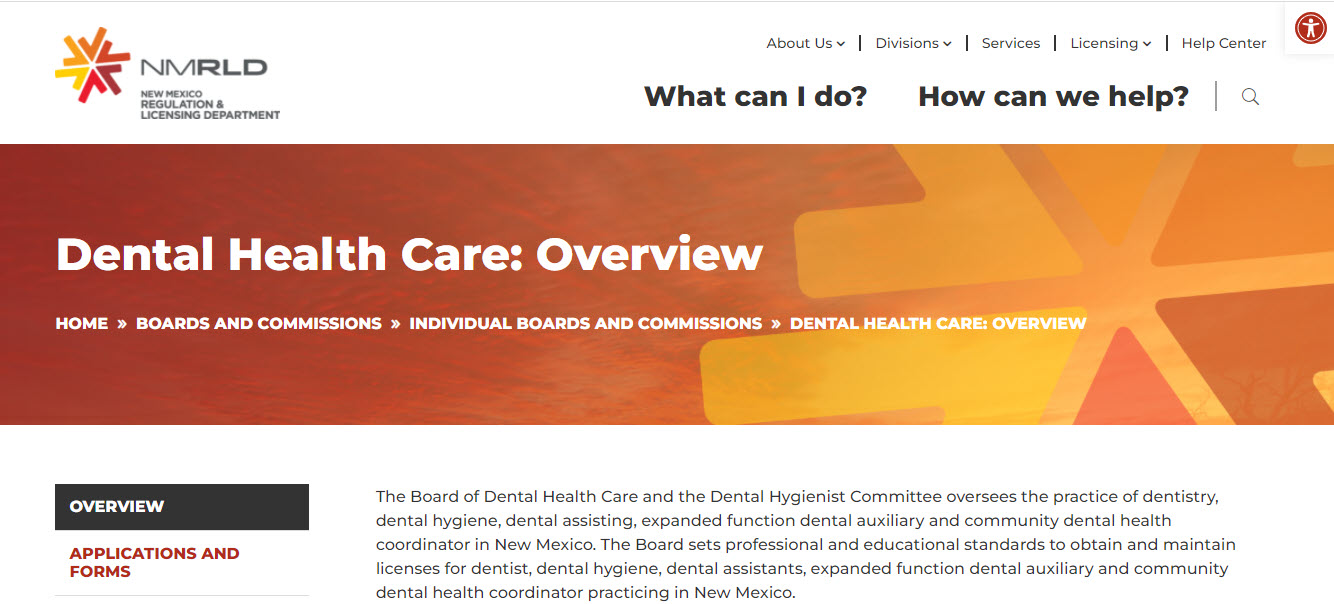 New Mexico Board of Dental Assistants website screenshot.