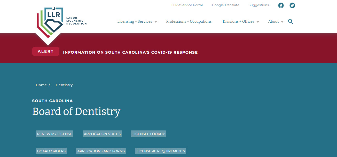 South Carolina Board of Dental Assistants website screenshot.