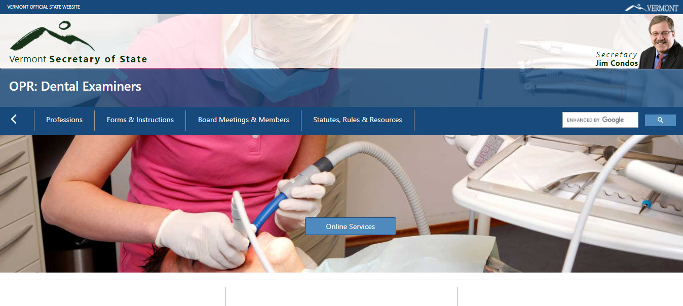 Vermont Board of Dental Assistants website screenshot.