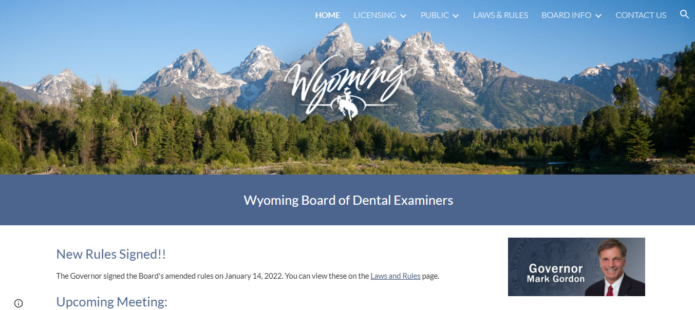 Wyoming Board of Dental Assistants website screenshot.