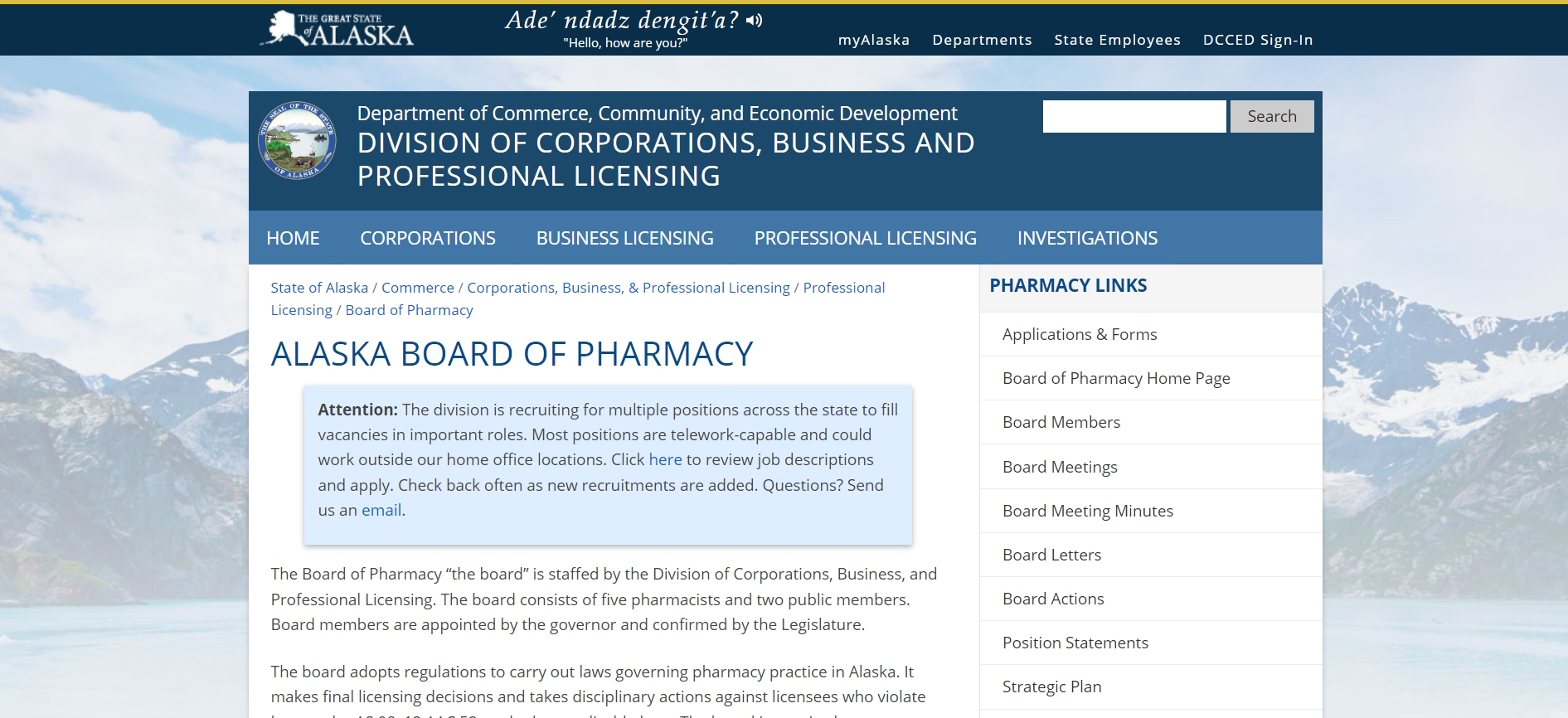 Alaska Board of Pharmacy website
