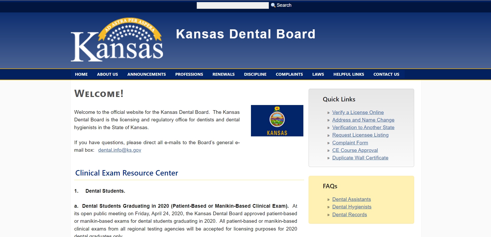 Kansas Board of Dentistry Dental website screenshot.