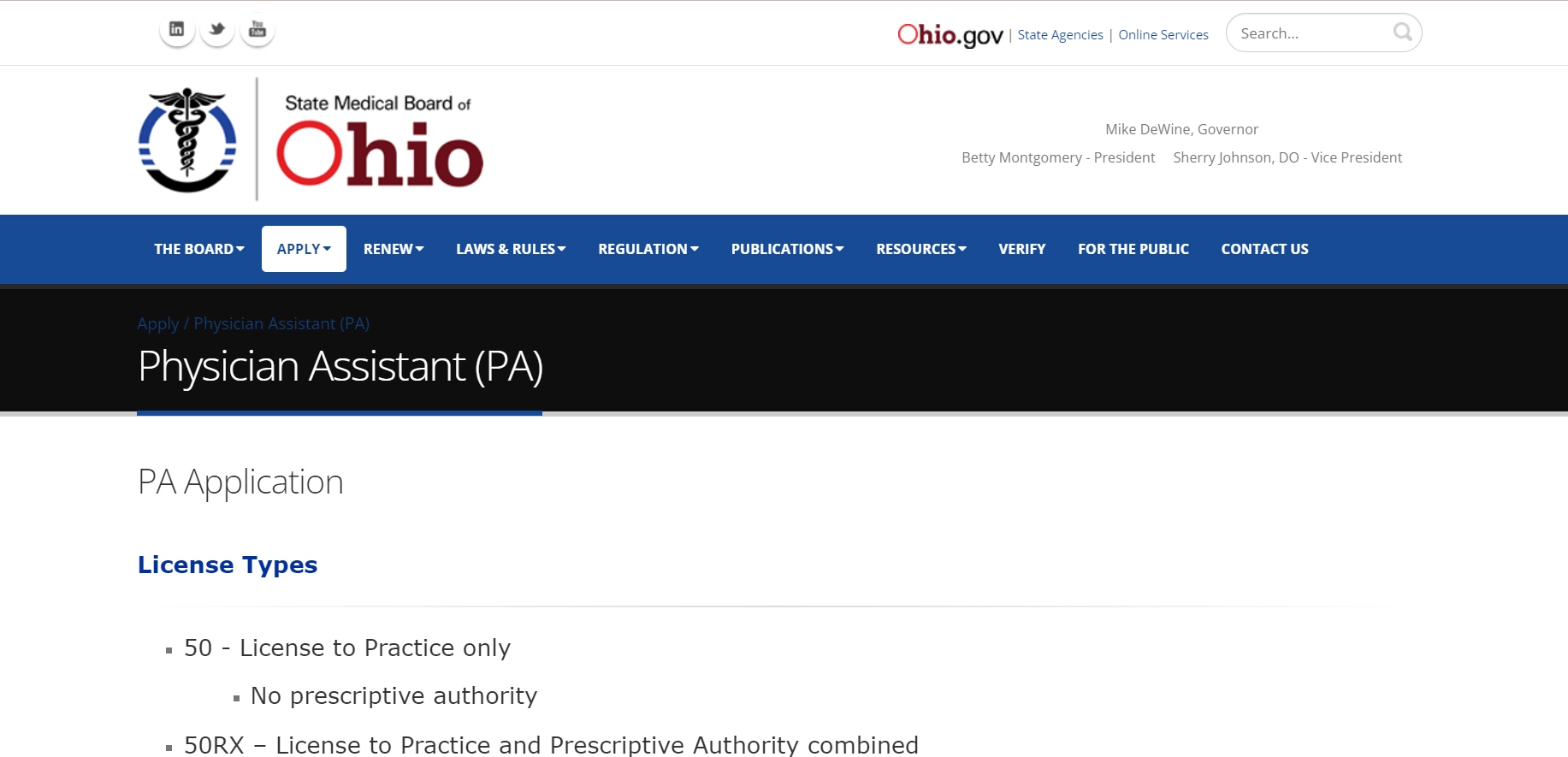 Ohio Board of Physician Assistants website screenshot.