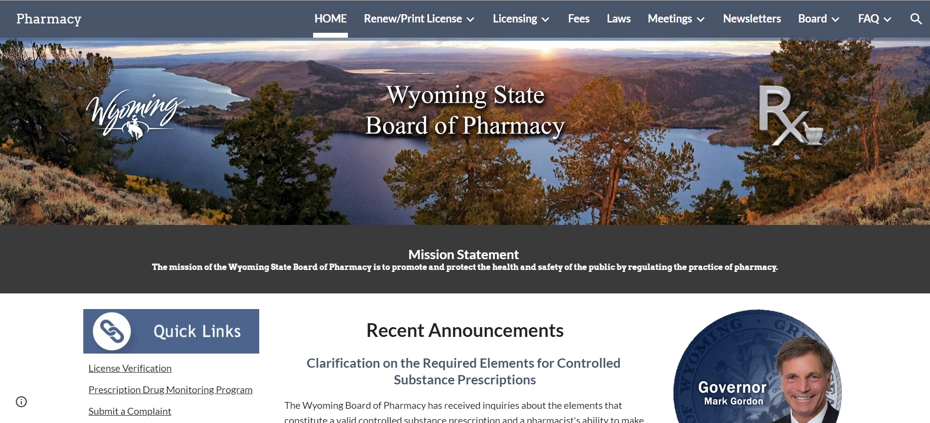 Wyoming Board of Pharmacy website